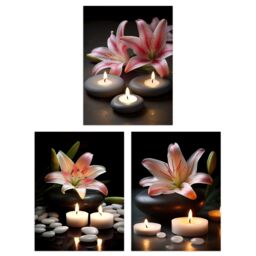 Artery8 Wall Art Print Set of 3 Lilies with Zen Stones & Candles Tranquil Spa Atmosphere Photographs Bathroom Decor Living Room Poster s Pack - thumbnail 1