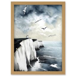 Artery8 Seagulls Flying Over the White Cliffs of Dover in England Modern Linocut Print Artwork Framed Wall Art Print A4 in Light Oak - thumbnail 1