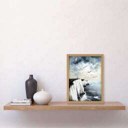 Artery8 Seagulls Flying Over the White Cliffs of Dover in England Modern Linocut Print Artwork Framed Wall Art Print A4 in Light Oak - thumbnail 2