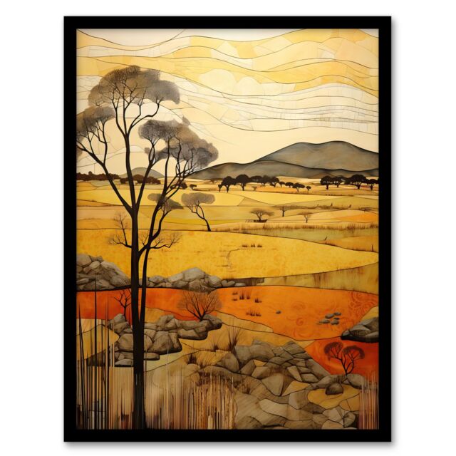 "Artery8 African Savannah Artwork Yellow Orange Ochre Tropical Grassland In Summer Art Print Framed Poster Wall Decor in Black - Size: W12"" x H16""" - image 1