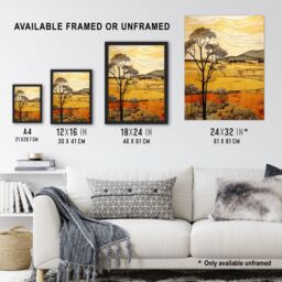 "Artery8 African Savannah Artwork Yellow Orange Ochre Tropical Grassland In Summer Art Print Framed Poster Wall Decor in Black - Size: W12"" x H16""" - thumbnail 3