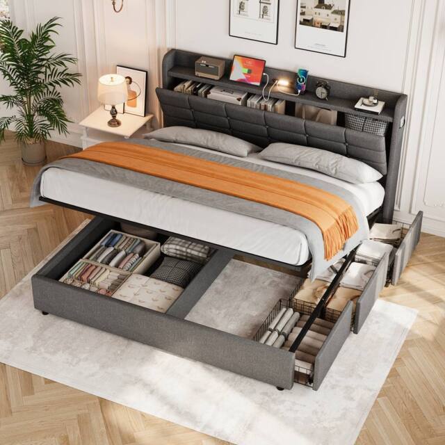 BTM Grey 5ft King Bed with Hydraulic Storage & Charging Headboard - image 1