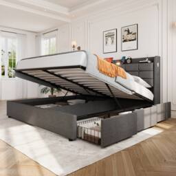 BTM Grey 5ft King Bed with Hydraulic Storage & Charging Headboard - thumbnail 3