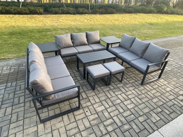 Fimous Aluminium 11 Seater Outdoor Garden Furniture Set Lounge Sofa Oblong Coffee Table 2 PC Small Footstools Sets with Cushions Dark Grey - image 1