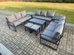 Fimous Aluminium 11 Seater Outdoor Garden Furniture Set Lounge Sofa Oblong Coffee Table 2 PC Small Footstools Sets with Cushions Dark Grey - thumbnail 2