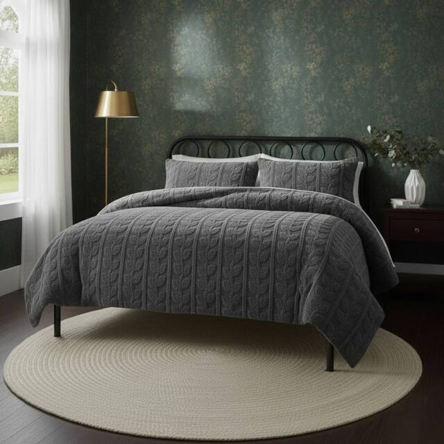 Snug City Ultra Soft Teddy Duvet Cover Set Leaves Embossed Cozy Fleece Bedding in Grey - Size: Single - image 1