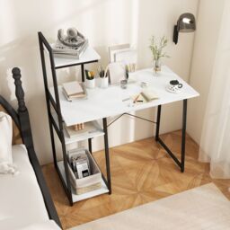 Costway Home Office Desk Computer Desk PC Laptop Table w/ Bookshelf & Host Stand in White - thumbnail 1