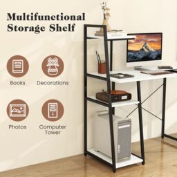 Costway Home Office Desk Computer Desk PC Laptop Table w/ Bookshelf & Host Stand in White - thumbnail 6
