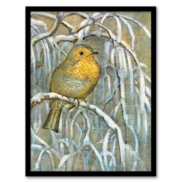 Artery8 Theo van Hoytema Framed Wall Art Print Robin on Snowy Tree Branch - Size: A4 - image 1