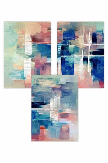 ARTZE Set of 3 Geometric Abstract Strokes In Blue Pink Art Posters - Size: W50 cm x H70 cm - image 1