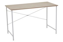 Orsina White Metal Frame Natural Oak Desk, Cross Pattern Supported Desk, Minimalist Office Table With Ample Space