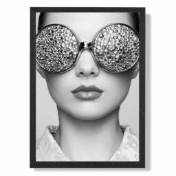 ARTZE Girl with Silver Bling Sunglasses Fashion Black & White Photo Framed Print SIZE: A2 with Black Frame - Size: A4
