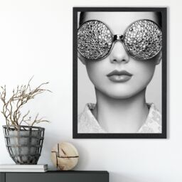 ARTZE Girl with Silver Bling Sunglasses Fashion Black & White Photo Framed Print SIZE: A2 with Black Frame - Size: A4 - thumbnail 2
