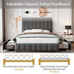 Merax 4ft6 Double Velvet Bed with 4 Drawers & Channel-Tufted Headboard in Grey - thumbnail 5
