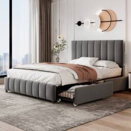 Merax 4ft6 Double Velvet Bed with 4 Drawers & Channel-Tufted Headboard in Grey - thumbnail 3