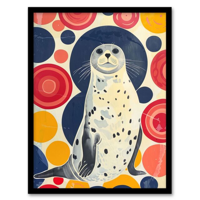 Artery8 Seal Standing Portrait Colourful Circles Fun Cute Framed Art Print - Size: A4 - image 1