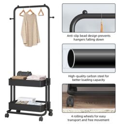 Living and Home Modern Metal Clothes Hanger Garment Rack with Wheels & 2 Storage Baskets in Black - thumbnail 6