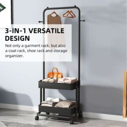 Living and Home Modern Metal Clothes Hanger Garment Rack with Wheels & 2 Storage Baskets in Black - thumbnail 7