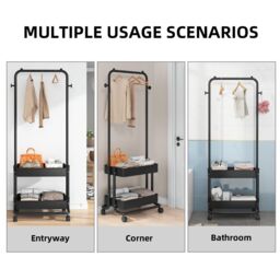 Living and Home Modern Metal Clothes Hanger Garment Rack with Wheels & 2 Storage Baskets in Black - thumbnail 8