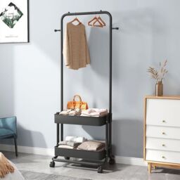 Living and Home Modern Metal Clothes Hanger Garment Rack with Wheels & 2 Storage Baskets in Black
