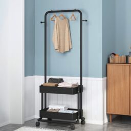 Living and Home Modern Metal Clothes Hanger Garment Rack with Wheels & 2 Storage Baskets in Black - thumbnail 2