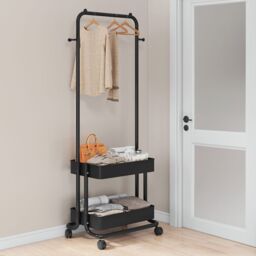 Living and Home Modern Metal Clothes Hanger Garment Rack with Wheels & 2 Storage Baskets in Black - thumbnail 5