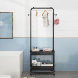 Living and Home Modern Metal Clothes Hanger Garment Rack with Wheels & 2 Storage Baskets in Black - thumbnail 4
