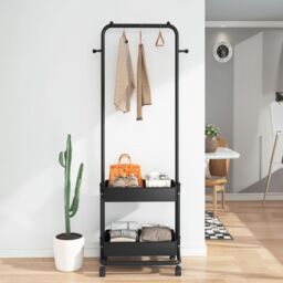 Living and Home Modern Metal Clothes Hanger Garment Rack with Wheels & 2 Storage Baskets in Black - thumbnail 3