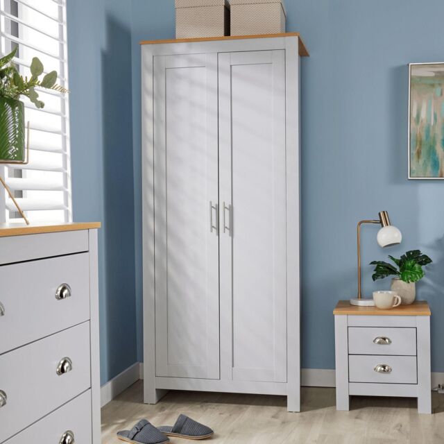 Home Source Wardrobe 2 Door Bedroom Clothing Storage Oak Top Wooden Unit in Grey - image 1