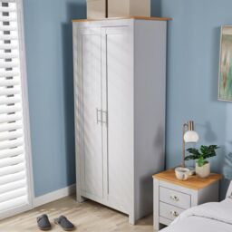 Home Source Wardrobe 2 Door Bedroom Clothing Storage Oak Top Wooden Unit in Grey - thumbnail 3