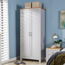 Home Source Wardrobe 2 Door Bedroom Clothing Storage Oak Top Wooden Unit in Grey - thumbnail 2