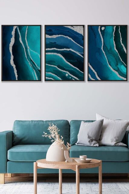 ARTZE Abstract Teal Blue Silver Strokes Framed Wall Art - Large in Black - Size: W53 cm x H73 cm x D20mm - image 1
