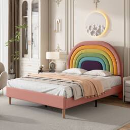 ModernLuxe Upholstered Kids Bed with Adjustable Headboard & Slatted Frame in Pink - Size: Single - thumbnail 2