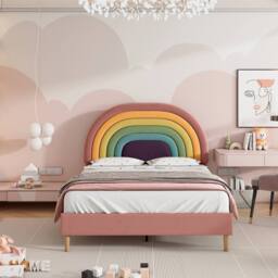 ModernLuxe Upholstered Kids Bed with Adjustable Headboard & Slatted Frame in Pink - Size: Single - thumbnail 5