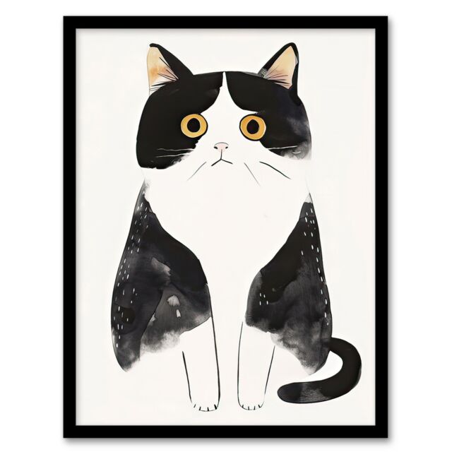 Artery8 Tuxedo Cat Lover Cute Black White Pet Yellow Eyes Framed Wall Art - Size: A4 - image 1