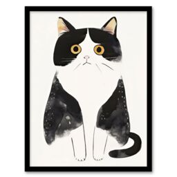 Artery8 Tuxedo Cat Lover Cute Black White Pet Yellow Eyes Framed Wall Art - Size: A4 - thumbnail 1