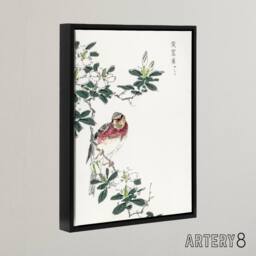 "Artery8 Long Tailed Rosefinch Japanese Framed Canvas Wall Art Print Numata Kashu - Size: W12"" x H16""" - thumbnail 2