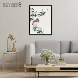 "Artery8 Long Tailed Rosefinch Japanese Framed Canvas Wall Art Print Numata Kashu - Size: W12"" x H16""" - thumbnail 3