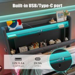 Direct Wicker Modern Upholstered Storage Bed with LED Headboard & USB Ports in Dark Grey - Size: Double - thumbnail 6