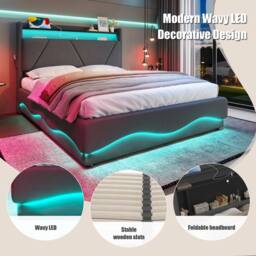 Direct Wicker Modern Upholstered Storage Bed with LED Headboard & USB Ports in Dark Grey - Size: Double - thumbnail 3