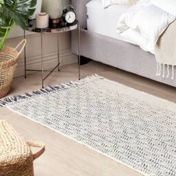 Wyld and Coco Handwoven White and Grey Wool Cotton Rug Flat Weave Tassels - Size: 80 cm x 150 cm