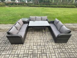 Fimous Rattan Garden Furniture Set with Oblong Rectangular Dining Table Side Table 9 Seater Outdoor Lounge Sofa Set Dark Grey Mixed - thumbnail 1