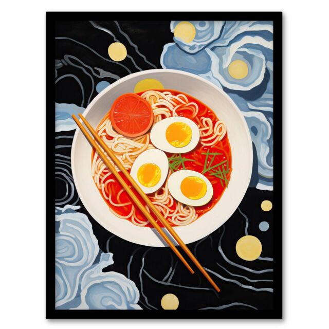 "Wee Blue Coo Wall Art Print Noodles & Doodles Ramen Food Kitchen Living Room Framed in Dark Blue - Size: W12"" x H16""" - image 1