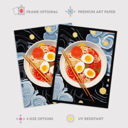 "Wee Blue Coo Wall Art Print Noodles & Doodles Ramen Food Kitchen Living Room Framed in Dark Blue - Size: W12"" x H16""" - thumbnail 2
