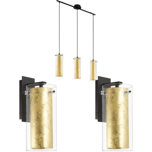 Loops Ceiling Pendant Light & 2x Matching Wall Lights Clear Glass & Gold Shade Lamp - image 1