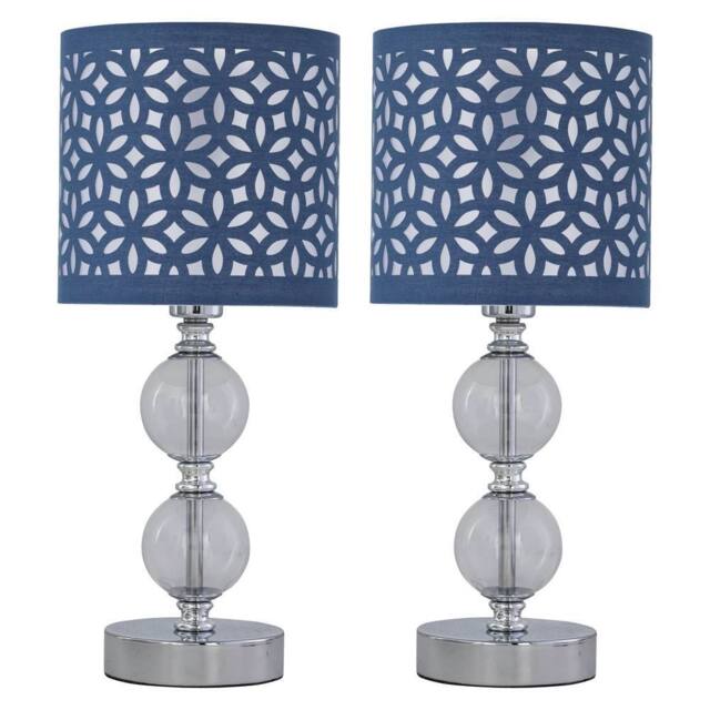 First Choice Lighting Set of 2 Chrome Two Ball Table Lamps with Navy Blue Cut Out Shades in Silver - image 1