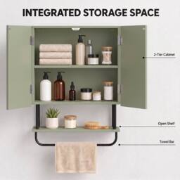 HOMCOM Modern Bathroom Wall Cabinet with 2 Wavy Doors in Green - thumbnail 4