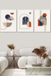 Set of 3 White Framed Mid Century Terracotta, Beige and Navy Blue Arches Wall Art