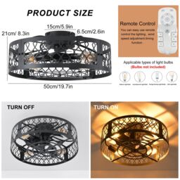 Garwarm Ceiling Fans with Lights Industrial Style Farmhouse Ceiling Fan 50cm Metal Caged Lighting E27 Flush Mount with Remote Control Black 4 Lights - thumbnail 5