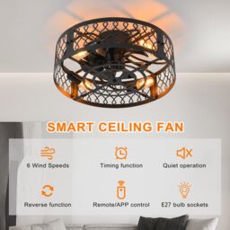Garwarm Ceiling Fans with Lights Industrial Style Farmhouse Ceiling Fan 50cm Metal Caged Lighting E27 Flush Mount with Remote Control Black 4 Lights - thumbnail 2